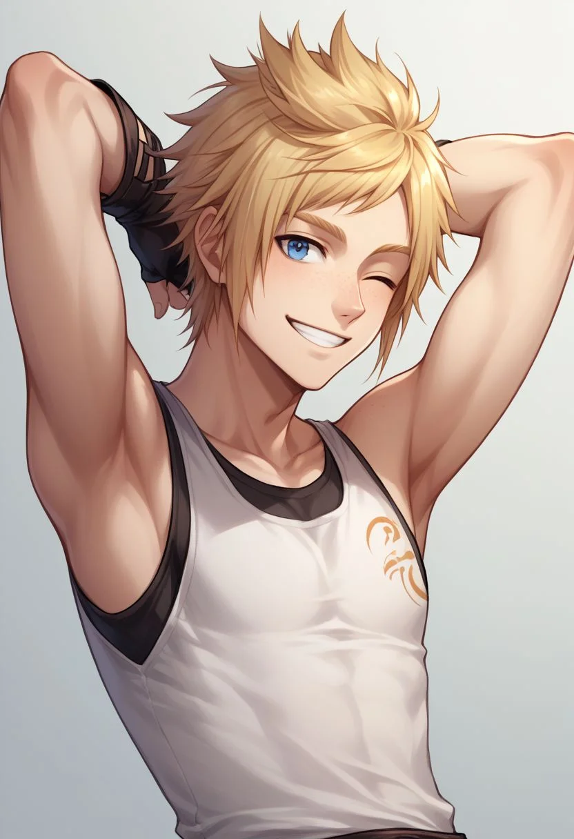 score_9, score_8_up, source_anime, highly detailed, 1boy, solo, male_focus, slender, skinny, upper body,
prompto, 1boy, male focus, solo, blue eyes, blonde hair, gloves, fingerless gloves, freckles, shirt, sleeveless, smile, hands behind head, wink,
indoor,