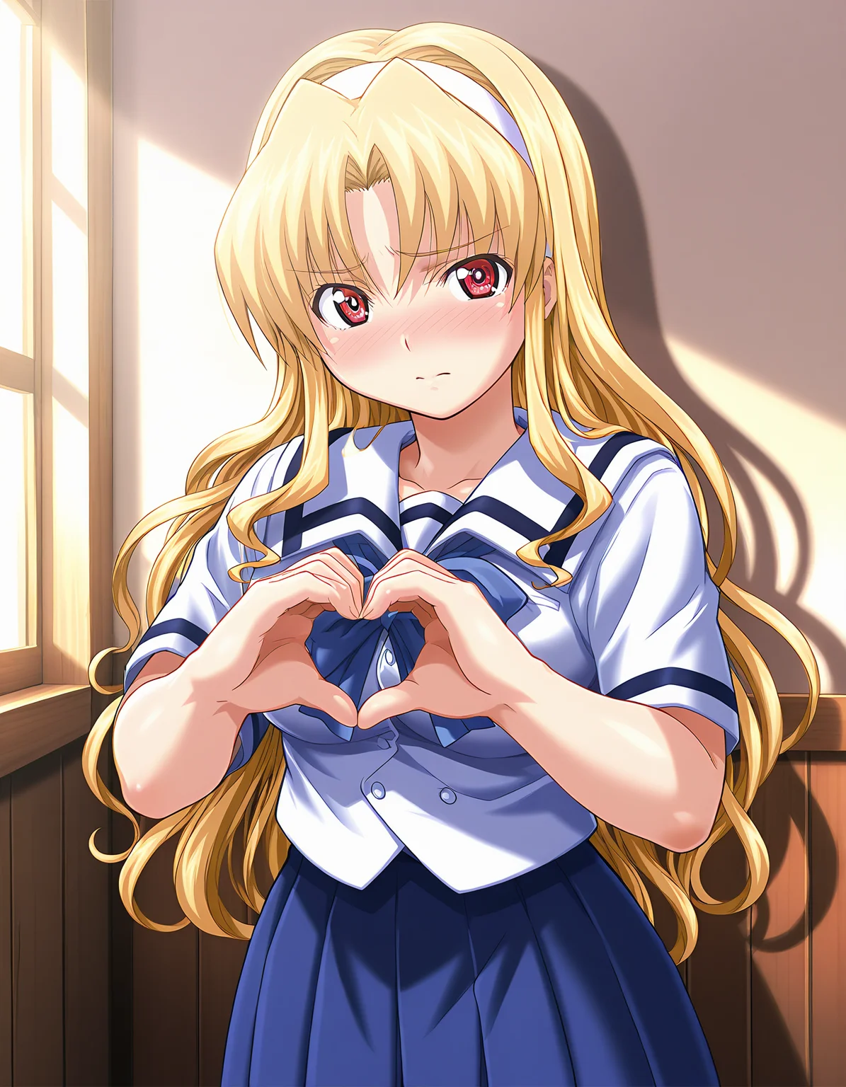 masterpiece, best quality, amazing quality, very aesthetic, ultra high res, official art, absurdres, high detailed, huge filesize, wallpaper, illustration, 
1girl, solo, takanashi_karen, long hair, blonde hair, hairband, red eyes 
school uniform,  skirt BREAK
happy, blush, looking at viewer, 
standing, heart hands, 
room, moody lighting, natural light, soft shadows, detailed shadow, sharp focus, depth of field, highly detailed,
<lora:takanashi karen v1.0a-000015:1>