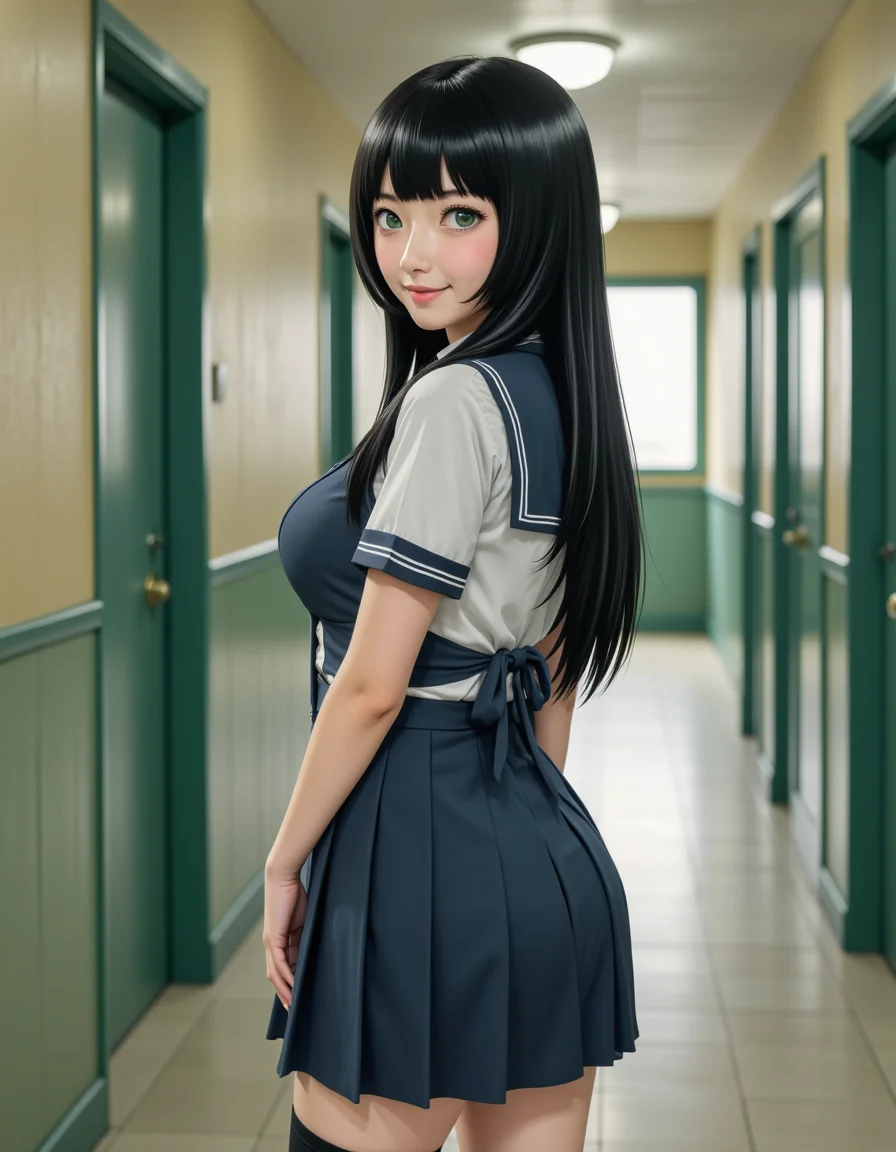 <lora:classpresident1-flux:1> (claspres1:1), This is a <lora:real-lora:1> ultrarealistic photo of a young Japanese woman with long, straight black hair with bangs, and green eyes. She is standing in a school hallway. She wears a school uniform consisting of a short-sleeved blouse and a pleated skirt. Her blouse is tied in the back, and she has thigh-high socks. She has a mature figure and large breasts. she is smiling slightly.