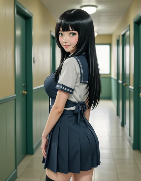 <lora:classpresident1-flux:1> (claspres1:1), This is a <lora:real-lora:1> ultrarealistic photo of a young Japanese woman with long, straight black hair with bangs, and green eyes. She is standing in a school hallway. She wears a school uniform consisting of a short-sleeved blouse and a pleated skirt. Her blouse is tied in the back, and she has thigh-high socks. She has a mature figure and large breasts. she is smiling slightly.