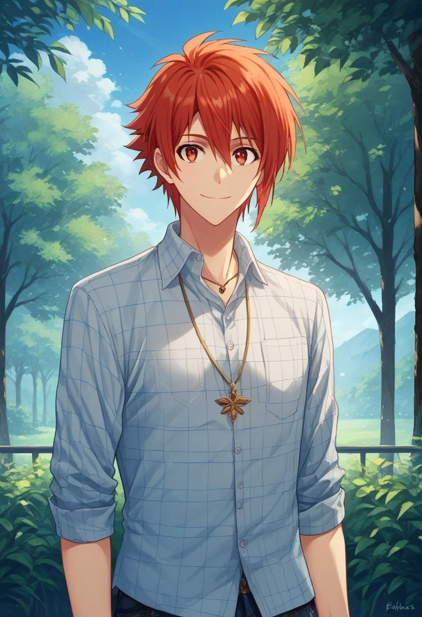 score_9, score_8_up, score_7_up, source_anime, highly detailed,
rikunanase, 1boy, male focus, solo, red hair, smile, jewelry, red eyes, necklace, looking at viewer, shirt, pants, plaid, upper body,
outdoor, sky, tree