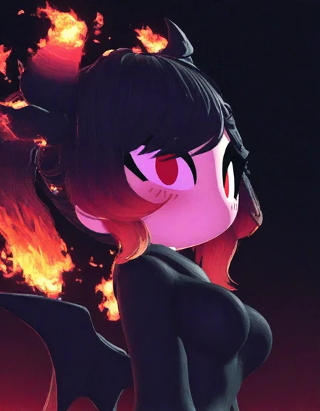 masterpiece, best quality, stylebirdblitz,(3d),solid circle eyes, red eyes, no mouth, blush, black hair, 1girl, [tall], upper body, multicolored hair, black hair, orange hair, black demon horns, (fire), bat wings, burning horns, black outfit, side view, looking at viewer, medium breasts, black background, gradient background between black and red, simple background