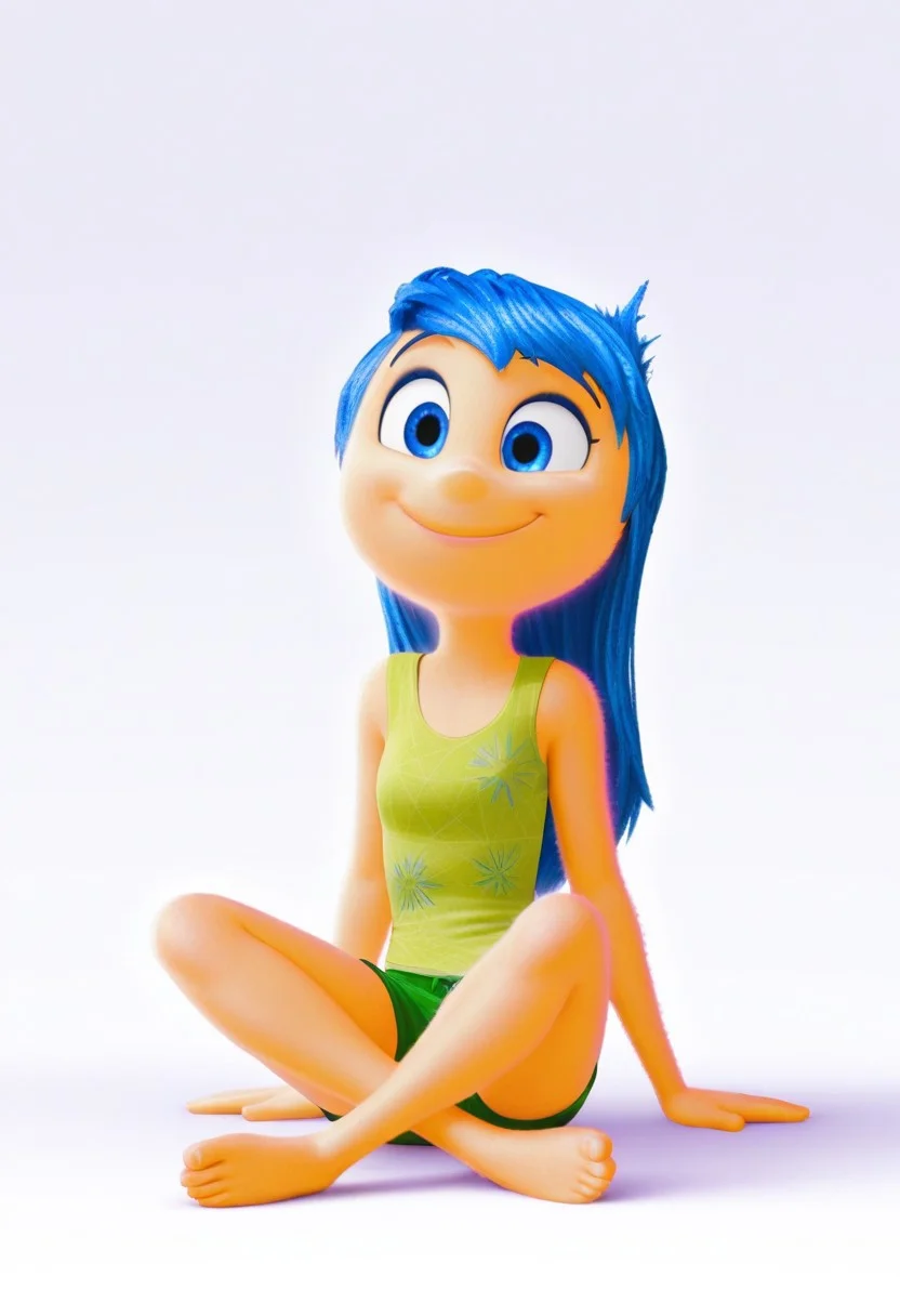 solo, joyemotion, blue hair, long hair, tank top, green shorts, full body, sitting, legs crossed, smile, front view, blank background