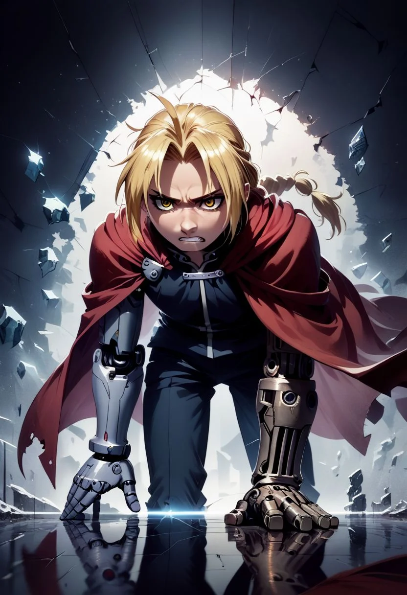score_9, score_8, score_7, score_6,rating_safe, source_anime,edward_elric, blonde hair, yellow eyes, braid, single braid, braided ponytail, ((red cape)),(single mechanical arm),grit teeth,leaning forward,one hand on floor,(glass pieces,glass fragments ,glass fragment),speed line,motion blur,emphasis lines,(ashes,powder:1.2),(perspective,front view,wide angle:1.2),(intricate_details_xl:1.5),(narrow room),IncrsXLBrknGls,(broken glass, reflection,light particles:1.5),gold chains,concept art, digital art, realistic,