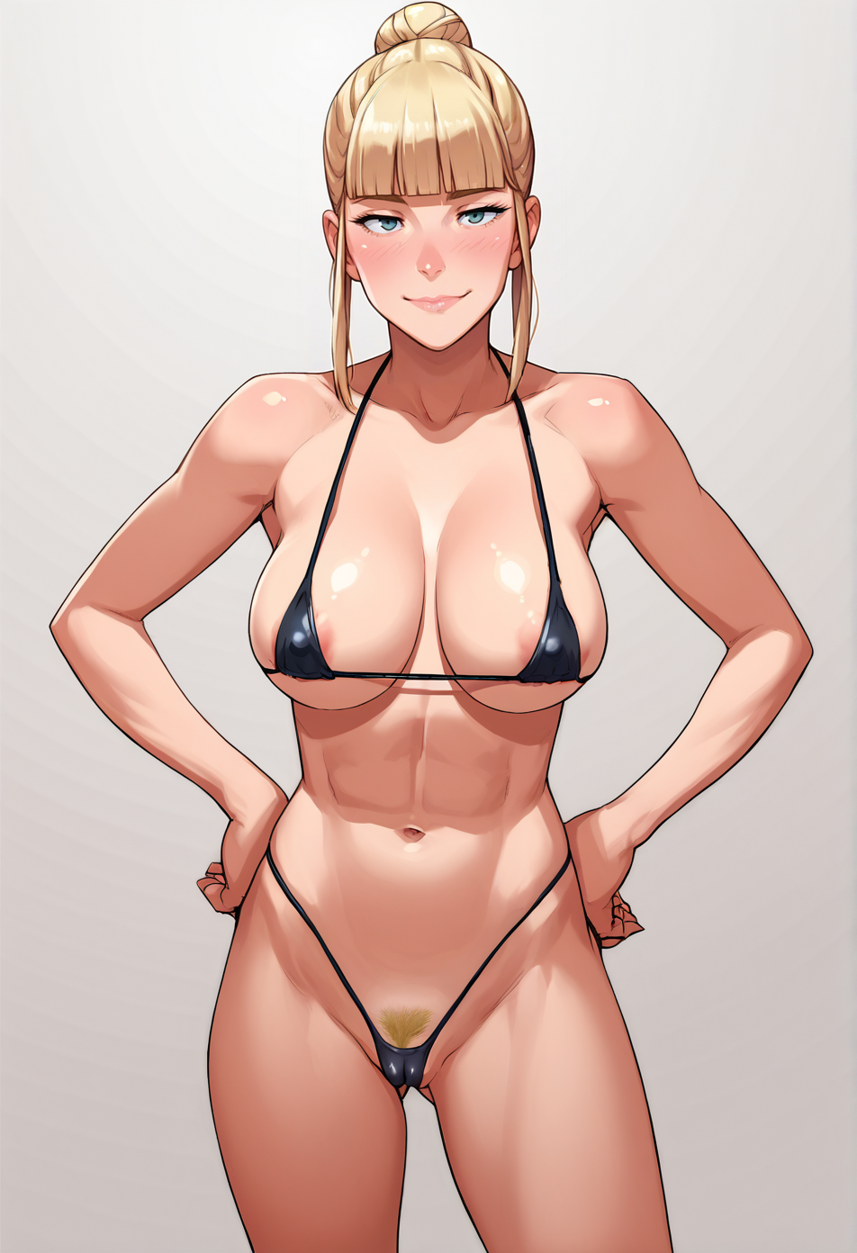 Tekuho Style, uncensored, 
1 girl, solo, 
standing, hands on own hips,
looking at viewer, half-closed eyes, blush, smile,
blonde hair, hair bun, blunt bangs,
large breasts, pubic hair, 
bikini, black bikini, micro bikini, areola slip, cameltoe,
simple background, white background
 <lora:Tekuho_Style_PonyXL:0.8>, score_9, score_8_up, score_7_up, score_6_up, score_5_up, score_4_up,