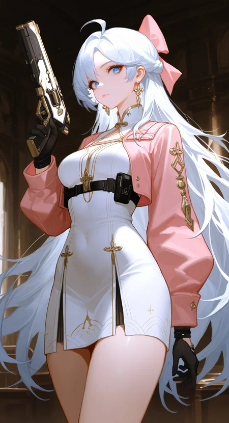 masterpiece, best quality, good quality, very aesthetic, absurdres, newest, carlotta (wuthering waves), wuthering waves, 1girl, ahoge, black gloves, blue eyes, bow, breasts, closed mouth, dress, earrings, gloves, gun, hair bow, hand up, holding, holding gun, holding weapon, indoors, jacket, jewelry, long hair, looking at viewer, medium breasts, parted bangs, pink bow, pink jacket, rifle, short dress, solo, thighs, very long hair, weapon, white dress, white hair, <lora:ponyv5_noobV065S_1_adamW-000013:0.7> <lora:USNR_STYLE_XL_lokr:0.45> <lora:EtherSDXL:0.15>