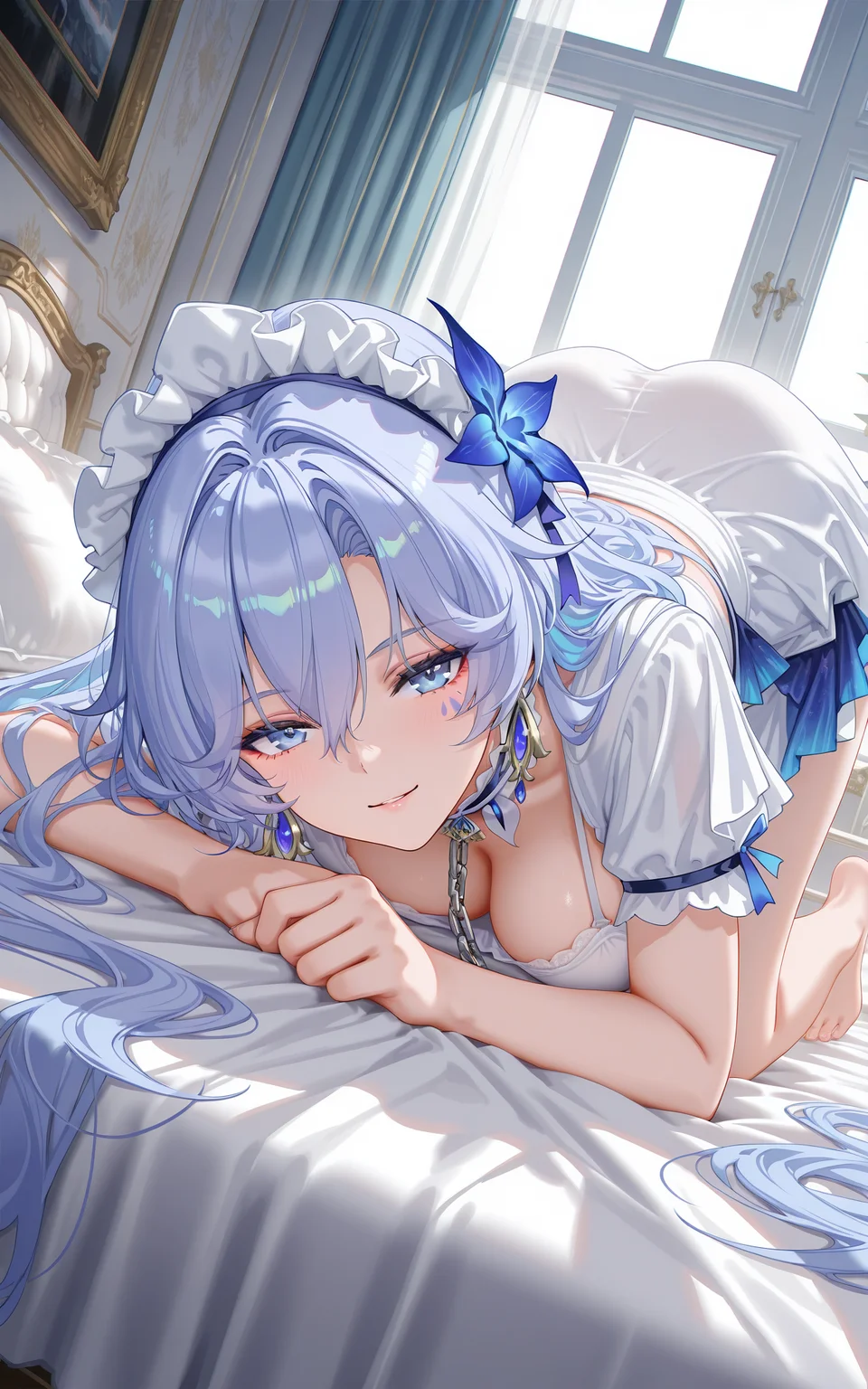 8k,best quality,masterpiece,(ultra-detailed),(high detailed skin),((artist:reoen),(artist:fuzichoco),(artist:atdan),(artist:torino_aqua),year 2024:0.8),[artist:wlop],[artist:ningen_mame],artist:ciloranko,[[artist:rhasta]],artist:tidsean,colorful,
cantarella\(wuthering waves\),1girl,solo,blue eyes,long hair,jewelry,earrings,closed mouth,blue hair,smile,hair between eyes,maid headdress,
breasts,solo,looking at viewer,barefoot,pillow,large breasts,indoors,all fours,on bed,dutch angle,short sleeves,hair between eyes,chain,window,shirt,dress,white shirt,blush,thighs,bed sheet,bare legs,very long hair,bed,parted lips,top-down bottom-up,white dress,choker,<lora:xl-ill-cantarella(wuthering waves)-v1-000010:0.8>,