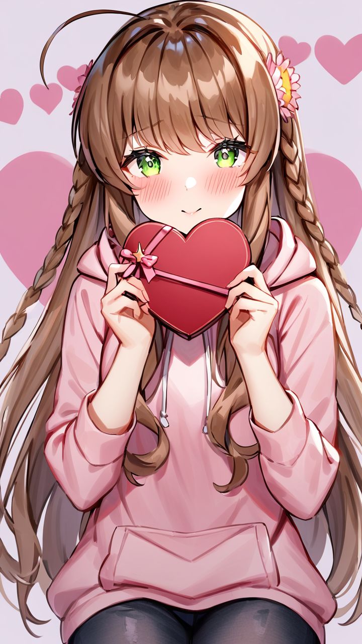 masterpiece,best quality,very aesthetic,absurdres, <lora:XL kanbe_kotori:1>,1girl,kanbe_kotori,solo,Standing on the ground,frontal,front view,Positive por,masterpiece,best quality,very aesthetic,absurdres, kanbe_kotori, 1girl, heart, solo, holding, ahoge, flower, holding gift, blush, hood, gift, hoodie, looking at viewer, happy valentine, valentine, pink hoodie, box, pink flower, upper body, simple background, casual, closed mouth, hood down, sidelocks, hands up, heart-shaped box, white background, traditional media, heart background, alternate costume, pink background, eyelashes