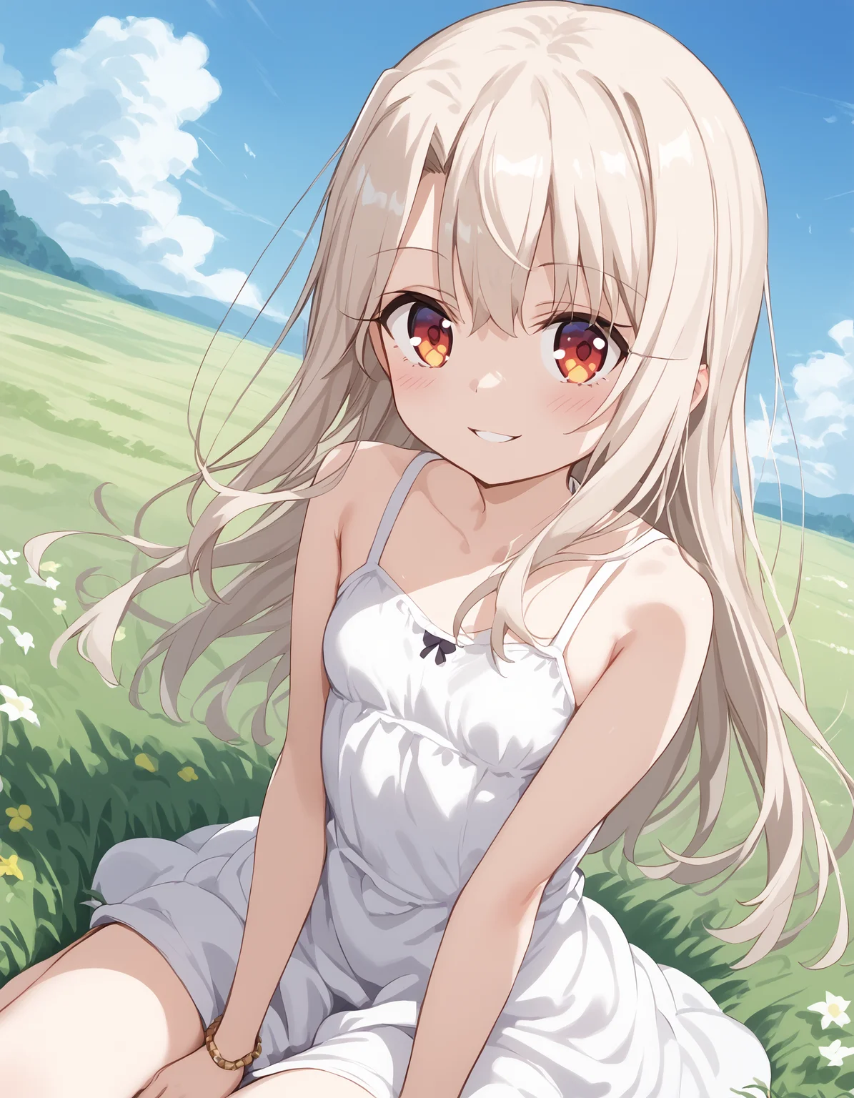 score_9,
1girl,
solo,
aaillya,
fate/kaleid liner prisma illya,
illyasviel von einzbern,
red eyes,
eyelashes,
blonde hair,
long hair,
curtained bangs,
sidelocks,
small breasts,
sundress,
collarbone,
dress,
white dress,
bare shoulders,
bare arms,
jewelry,
bracelet,
sitting,
looking at viewer,
blush,
smile,
parted lips,
outdoors,
grass,
blue sky,
on grass
<lora:illyasviel_von_einzbern_ponyxl_v1:0.9>