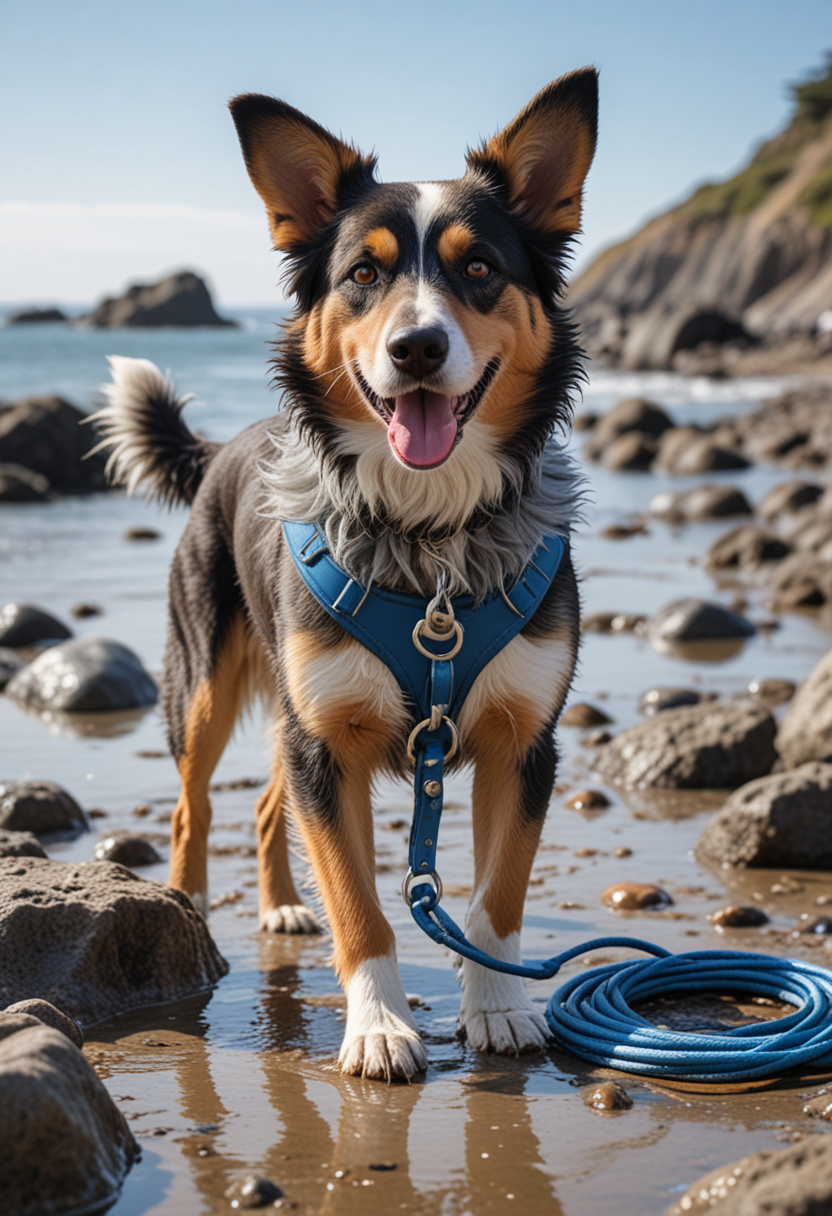 (medium full shot) of (energetic dog) with blue wiry fur, a leather leash, performing digging a hole, set in  a rocky beach, featuring tide pools, curious dogs exploring, a cool breeze, and an adventurous feel, during the day, Masterpiece,best quality, photo, realistic, very aesthetic,