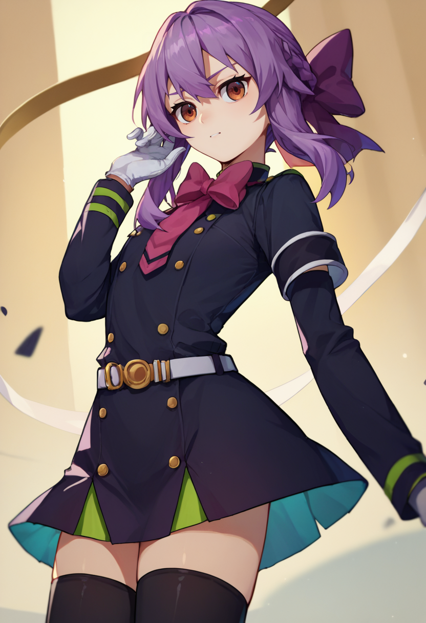 score_9, score_8_up, score_7_up, source_anime,  ShinoaDef, purple hair, brown eyes, braided hair, purple hair bow, pink bow, black uniform, white armband, black thighhighs, white gloves, white belt,  <lora:ShinoaXL1-000010:1>