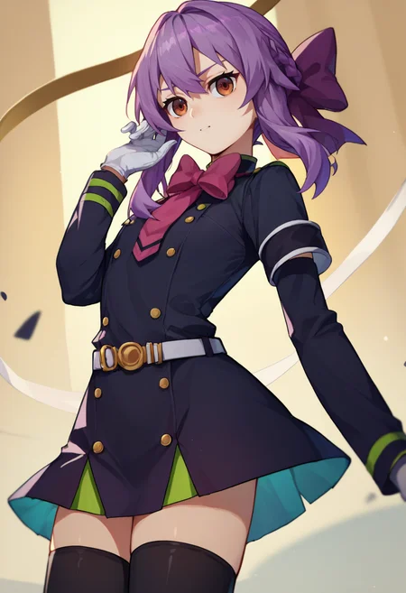 score_9, score_8_up, score_7_up, source_anime,  ShinoaDef, purple hair, brown eyes, braided hair, purple hair bow, pink bow, black uniform, white armband, black thighhighs, white gloves, white belt,  <lora:ShinoaXL1-000010:1>