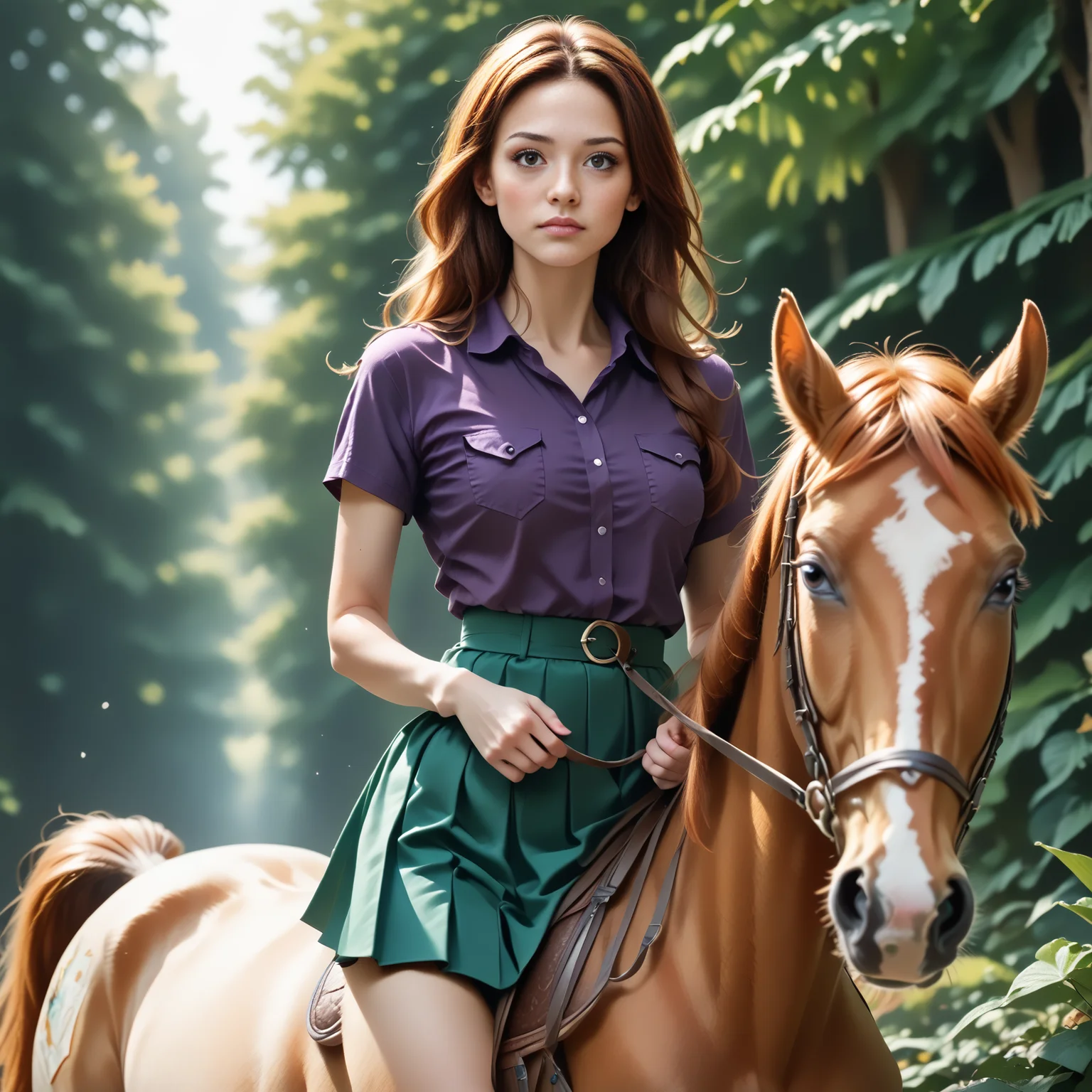 score_9, score_8_up, score_7_up, BREAK, RiHorse, front_view++ (slim 25yo female) riding a horse. The female wears green short skirt and purple shirt. The female has long brunette hair <lora:RideHorsePony:.8>