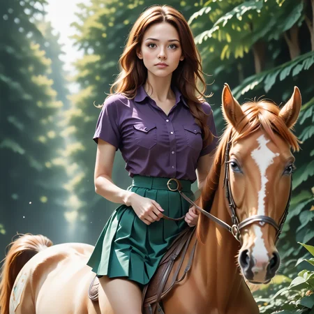 score_9, score_8_up, score_7_up, BREAK, RiHorse, front_view++ (slim 25yo female) riding a horse. The female wears green short skirt and purple shirt. The female has long brunette hair <lora:RideHorsePony:.8>