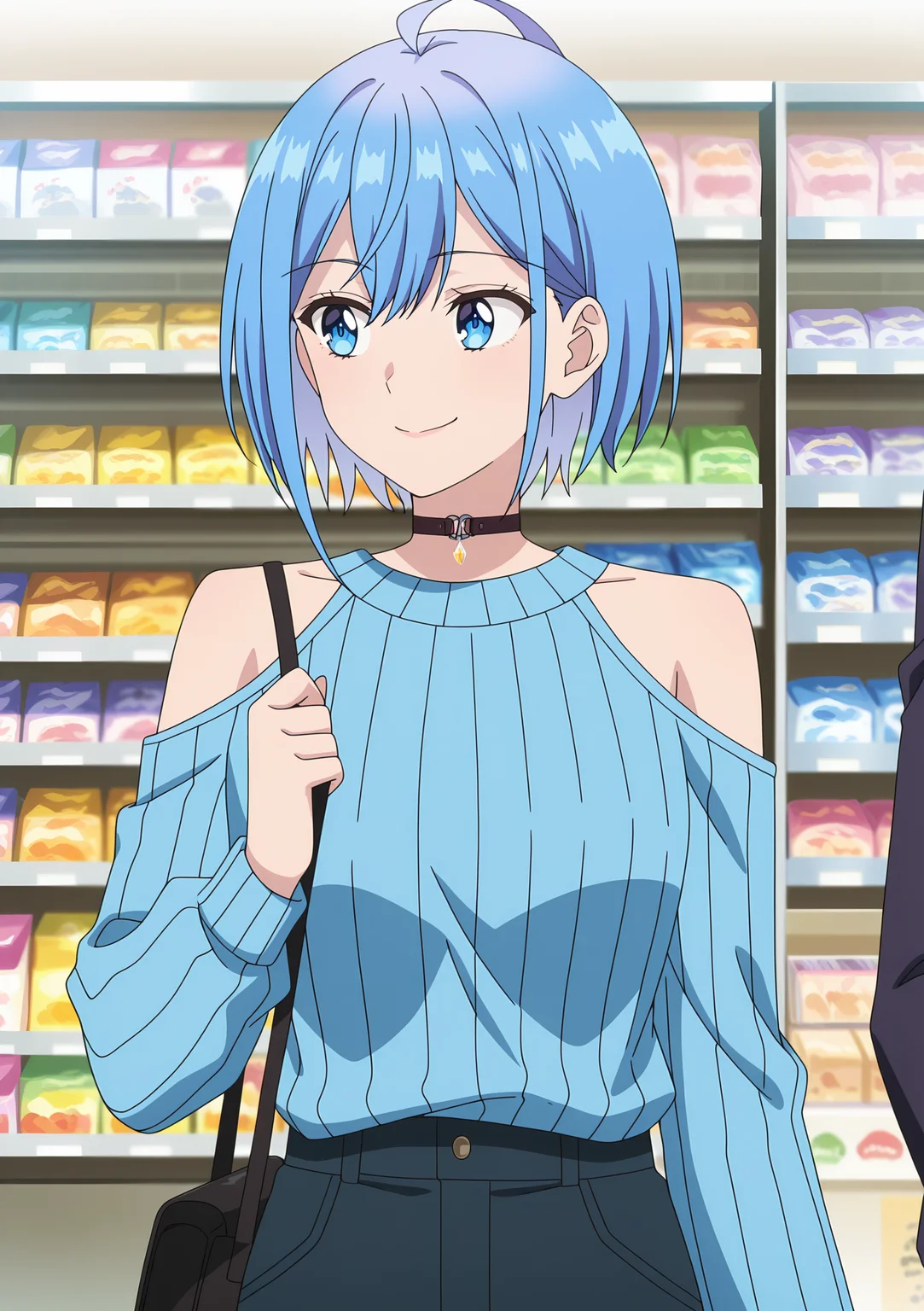 detailed background, official style,anime coloring, (anime screencap) masterpiece, detailed face,1girl <lora:Himari_Inuzuka__Can_a_Boy-Girl_Friendship_Survive:0.8>Himari, blue eyes, blue hair, short hair, ahoge, choker, bag, shoulder cutout, sweater, clothing cutout, smile, bare shoulders, solo focus, shop, black choker, pants, blue sweater, shoulder bag, looking to the side, bangs, handbag, closed mouth, long sleeves