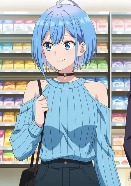 detailed background, official style,anime coloring, (anime screencap) masterpiece, detailed face,1girl <lora:Himari_Inuzuka__Can_a_Boy-Girl_Friendship_Survive:0.8>Himari, blue eyes, blue hair, short hair, ahoge, choker, bag, shoulder cutout, sweater, clothing cutout, smile, bare shoulders, solo focus, shop, black choker, pants, blue sweater, shoulder bag, looking to the side, bangs, handbag, closed mouth, long sleeves