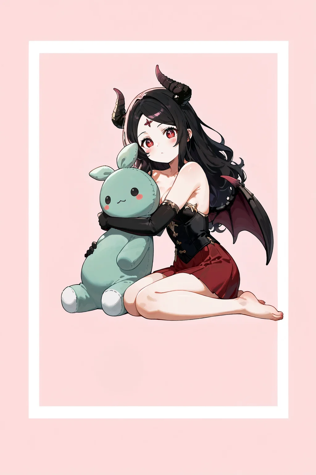 (score_9,score_8_up,score_7_up),pink background,
BREAK
Vykas_lostark,1girl,adult girl,demon horns,demon wings,demon girl,medium breast,strapless,black hair,demon pet,torned outfit,red eyes,medium breast,black elbow gloves,sitting on floor,hugging mokoko-lostark plush,holding plush,long hair,legs together,sfw,barefoot,border,blush sticker,<lora:Vykas-lostark:0.85>,<lora:Mokoko-lostark:0.8>,