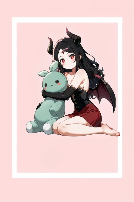 (score_9,score_8_up,score_7_up),pink background,
BREAK
Vykas_lostark,1girl,adult girl,demon horns,demon wings,demon girl,medium breast,strapless,black hair,demon pet,torned outfit,red eyes,medium breast,black elbow gloves,sitting on floor,hugging mokoko-lostark plush,holding plush,long hair,legs together,sfw,barefoot,border,blush sticker,<lora:Vykas-lostark:0.85>,<lora:Mokoko-lostark:0.8>,