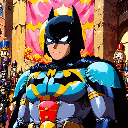 batman, batman, retanime, Mike Deodato, midjourneyv6.1, nutcracker, hyper-detail, hyper-realism, cinematic, intricate detail, detailed background, masterpiece, best quality, high quality, highres, absurdres, very detailed, high resolution, sharp, sharp image, aesthetic, Score_9, score_8_up, score_7_up, score_6, source_anime, vibrant, colorful, retro_artstyle, 1990s_(style), dark and brooding batman dressed up like a nutcracker