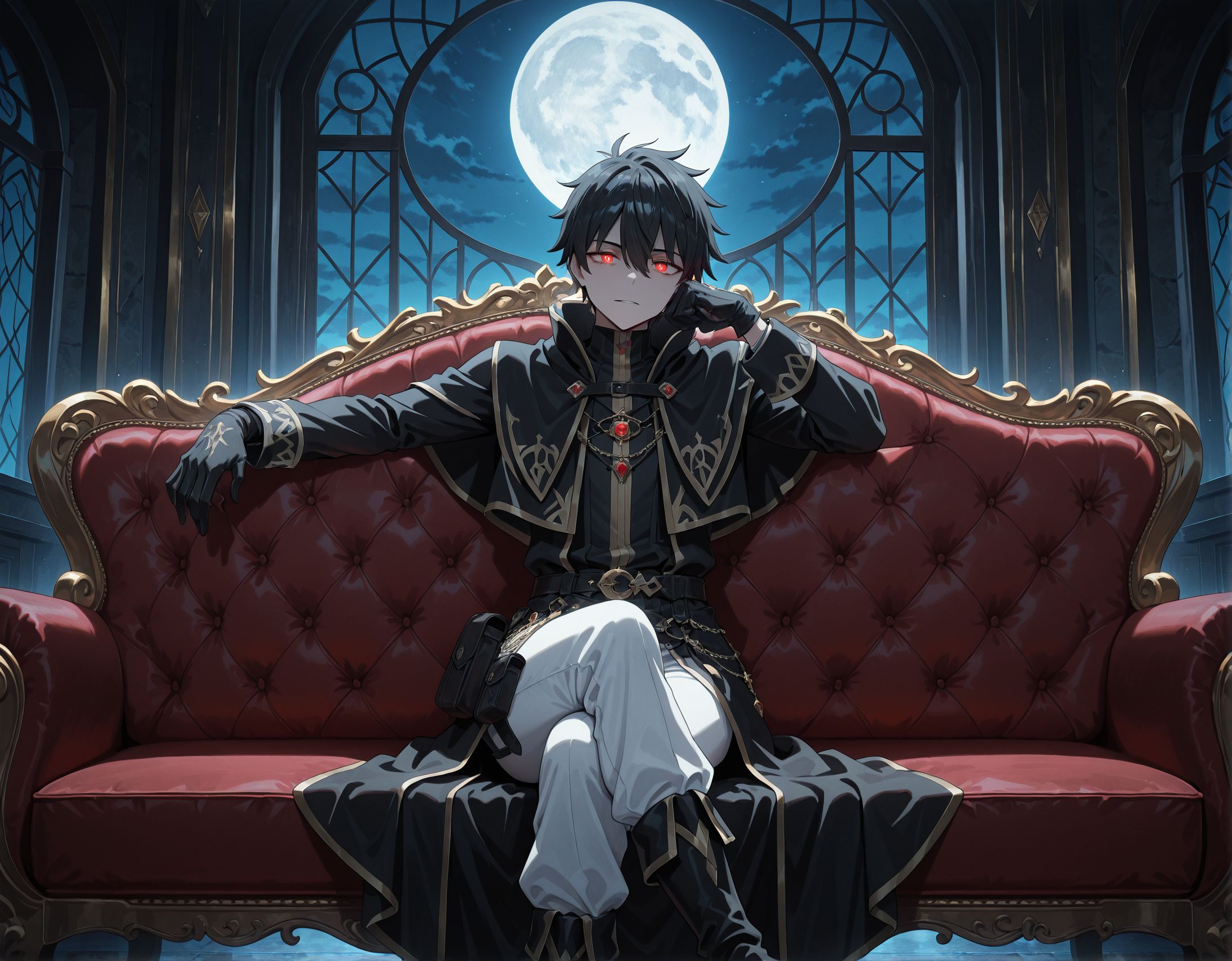 masterpiece,best quality,amazing quality,very aesthetic,absurdres,newest, huge filesize,
<lora:spo_sdxl_10ep_4k-data_lora_webui:0.5>, 2D,anime,anime screenshot, 
<lora:illustrious_quality_modifiers_masterpieces_v1:1>
<lora:Let_This_Grieving_Soul_Retire__Strange_Grief:0.7> ,couch, sitting, crossed legs,  head rest,evil grin, looking at viewer, glowing eyes,dark,night, moon,
1boy,Strange_Grief, 
black robe, haiir covered one eyes, expressionless, guild,
black hair,short hair,
serious expression,
black jacket,gold accents,
high collar,white pants,
black boots,side pouch,
gloves,belt,
chains,standing pose,
detailed outfit,back and front view,