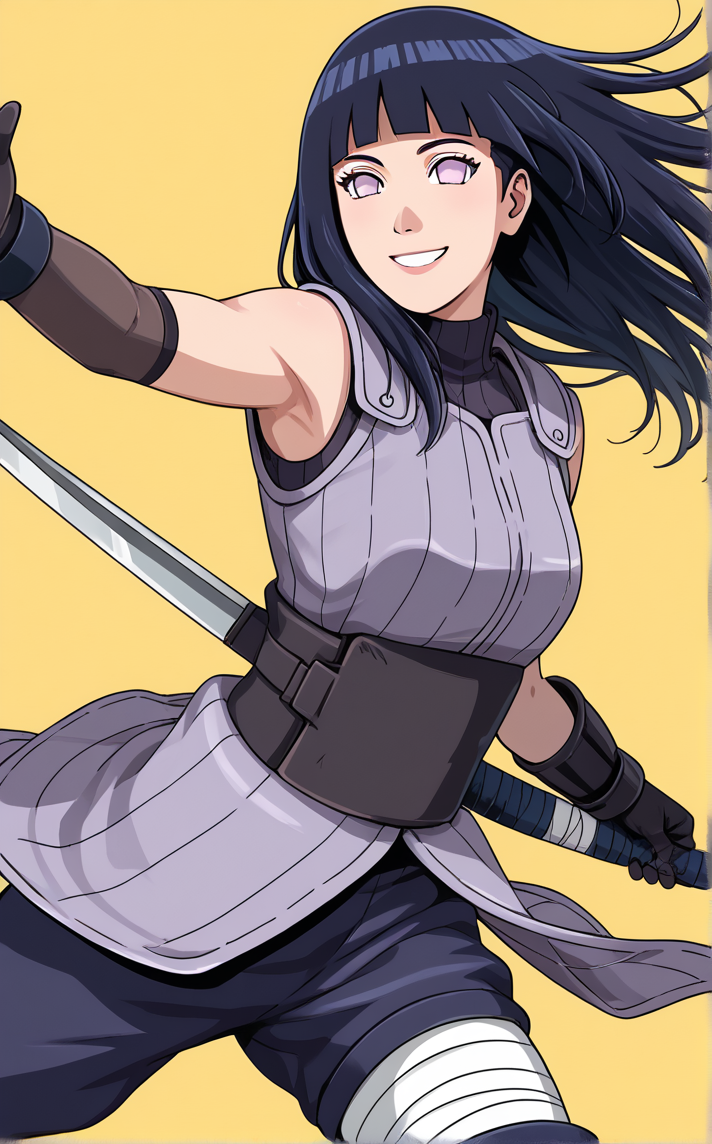 score_9, score_8_up, score_7_up, absurdres, w arms, :d, leg up, open hands, palms, smile, spread fingers, standing, standing on one leg, yellow background, <lora:PONYXL_NARUTOShipp_HyugaHinata_ownwaifu:1>, BREAK AnbuArmor_HyugaHinata_ownwaifu, 1girl, bare shoulders, black hair, blunt bangs, long hair, no pupils, purple eyes, sleeveless, straight hair, weapon on back, arm guards, armor, bandages, breastplate, elbow gloves, turtleneck, bandaged arm, black gloves, black pants, detached sleeves, elbow pads, mask removed, ninja, tattoo, unworn mask,<lora:add-detail-xl:0.15>,