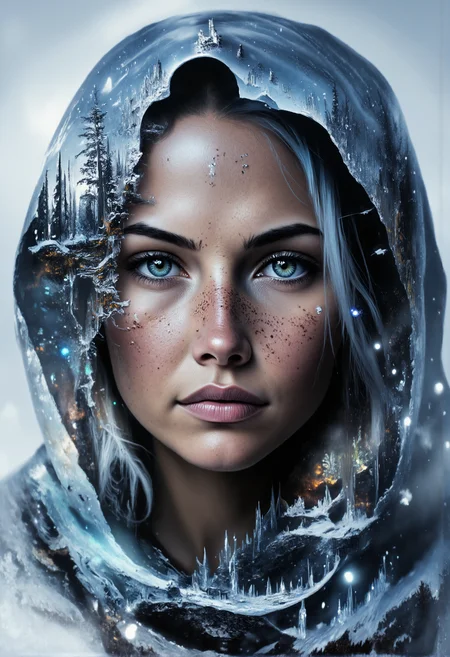 aidmaMJ6.1, darkcore, Jeddblexpsre,double exposure, ethereal. A close-up shot of a breathtaking young womanâs face, where her facial features are softly blended with an ethereal overlay of a misty winter forest . Her piercing blue eyes and delicate skin textures are visible through the translucent silhouette of the forest, creating a dreamy, surreal double exposure effect. The icy crystals on the hood of her light blue medieval cloak merge harmoniously with the natural elements. The soft lighting highlights both the woman and the superimposed scene, while shadows and highlights enhance the depth, giving the composition a balanced, thought-provoking appearance., <lora:FluxDFaeTasticDetails.safetensors:1.0:1.0> <lora:aidmaMJ6.1-FLUX-V0.2.safetensors:1.0:1.0> <lora:Flux DoubleExposure_epoch_1.safetensors:1.0:1.0> <lora:NebulaNexus_v1.safetensors:0.7000000000000001:0.7000000000000001>