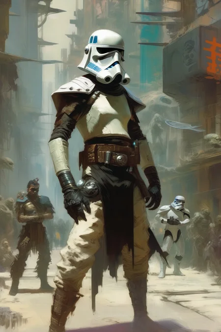 <lora:Craig Mullins Style:1>Craig Mullins Style - Frank Frazetta star wars character, game of thrones, concept art, cyberpunk, alien in the city, storm trooper fighter mortal kombat