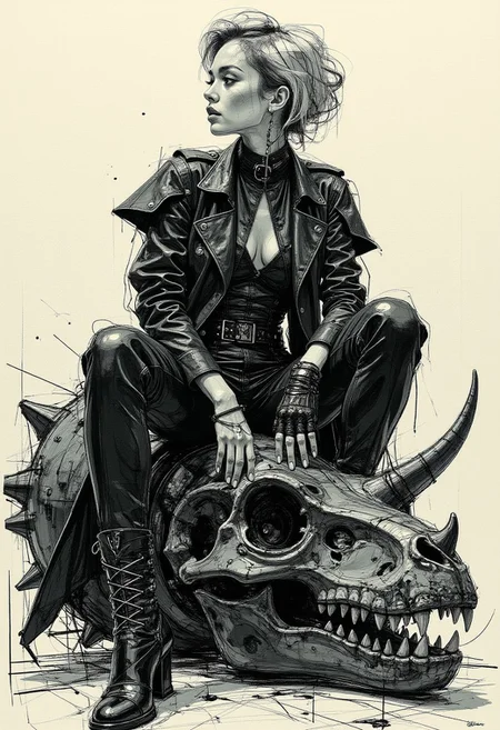 (A hyper-realistic, highly detailed colored sketch in the style of ck-ccd, vantablack high-fashion photograph) A 25-year-old woman with a sharp, angular jawline sits confidently atop a highly glossy obsidian metal Triceratops skull, its reflective surface capturing intricate dappled shadows. Her tousled, asymmetrical silver bob with undercut layers frames her striking face, accentuated by vantablack eyelines, long lashes, piercing vantablack eyes, and matte vantablack lips. She wears a fully vantablack avant-garde ensemble—a flowing asymmetrical coat with jagged, sculptural sleeves and layered metallic-textured accents, cinched at the waist with a structured corset-like belt. A pair of vantablack cybernetic-inspired fingerless gloves highlight her claw-like manicured nails. Her futuristic footwear consists of towering vantablack platform boots with intricate chrome detailing and sharp, angular soles. Seated in a poised yet assertive posture, her weight subtly shifts on the Triceratops skull, exuding effortless dominance. The surreal, high-contrast Cucoloris lighting casts fragmented, cinematic shadows across her and the reflective skull, intensifying the dreamlike fusion of high-fashion dystopia and futuristic storytelling.