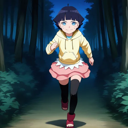 sharp focus, pixiv masterpiece, score_9, score_8_up, source_anime, score_7_up, best quality, highres, absurdres, BREAK
<lora:Himawari_Uzumaki_IL_v36:1>, uzumaki_himawari_il, 1girl, solo, dark-blue_hair, short_hair, yellow_hoodie, blue_eyes, two-layered_skirt, pink_skirt, white_frills, ahoge, black_stockings, short_pink_sandals, night, forest, motion_lines, smile,running, facing viewer,