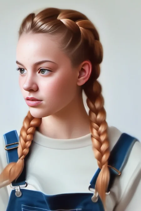 hyper realistic portrait painting of a envious beautiful woman with french braid light brown hair wearing overalls by Irakli Nadar <lora:Irakli_Nadar_Style_XL>