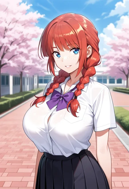 masterpiece, best quality, amazing quality,hanna, blue eyes, red hair, twin braids, long hair, mature female, freckles, solo, 1girl, breasts,large breasts,school uniform,pleated skirt,white shirt, black skirt, purple bow,short sleeves, parted lips, light smile, standing, looking at viewer, cowboy shot, blurry background, outdoors, school, cherry blossoms <lora:hannaV1:0.9>
