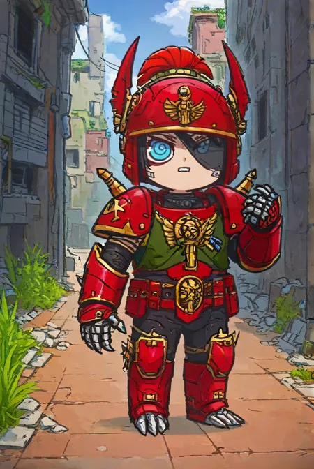 score_9,score_8_up,<lora:Turbo_XL:1>,<lora:Xinzoruo:1>,chibi,helmet,adeptus astartes,warhammer 40k,post-apocalypse,ruins,abandoned city background,mecha claws,gauntlets,, maximum details