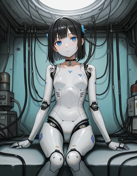 <lora:chuhaibaneILL:0.25>, chuhaibane, <lora:HaruwosiILL:0.25>, haruwosi, <lora:HharuILL:0.25>, hharu, <lora:mucknagabeILL:0.25>, mucknagabe, (masterpiece, best quality, ultra-detailed, absurdres, newest, detailed textures, correct anatomy, very aesthetic:1), 1girl, 1girl, sitting sideways, plugged in, lots of cables, mechabare, metal skin, android, robot joints, cable, futuristic workshop, expressionless, fainted, empty eyes, dimly lit, <lora:luming:0.7> luming, bangs, blue eyes, black hair, choker