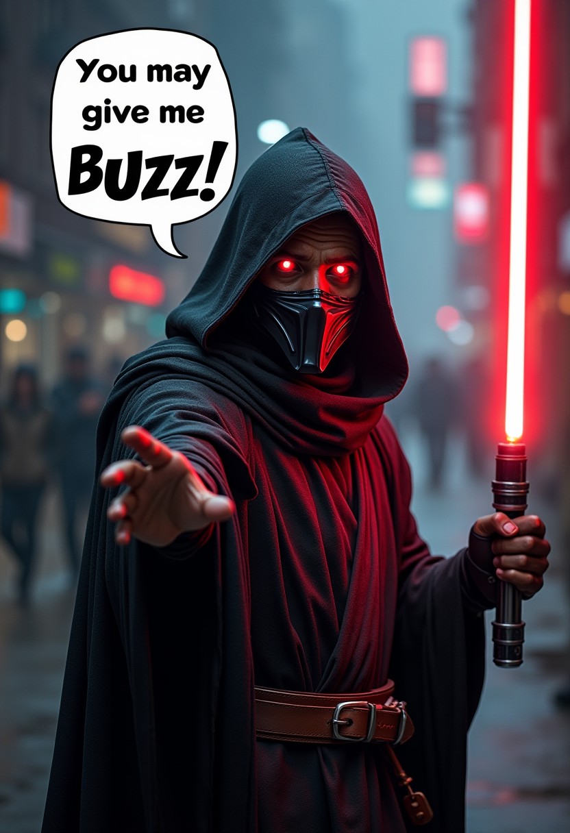 A sith with red light saber says in a large speech bubble ‘You may give me BUZZ!’. The font fits the star wars franchise. The man has red eyes, a dark appearance, and wears a dark worn out sith outfit with and a cloak. He has a dark face, red glowing eyes and a black metal mouth mask. His expression show determination as he has the red light saber in his right hand. His left hand is closer to the viewer. He reaches out with his left hand towards the viewer as if he wanted to force choke the viewer. The scene is set on Coruscant, with the foggy cyberpunk background with neo lights at night. The background hints at a life of hardship and rough adventures, now reduced to begging in a gritty and harsh world.