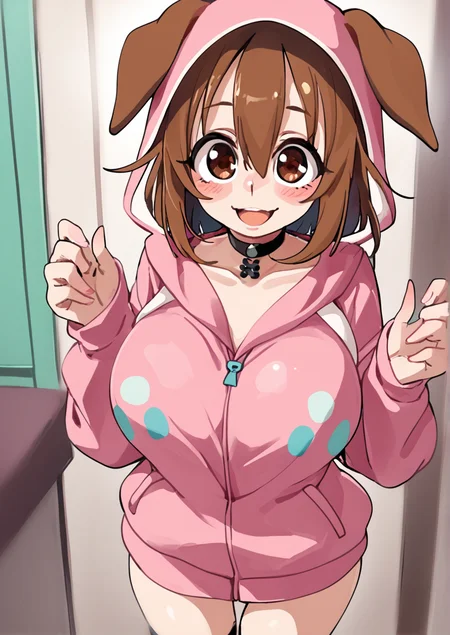 1girl, inugami korone, inugami korone (4th costume), huge breast, animal hood, blush, breasts, brown eyes, brown hair, choker, collarbone, dog girl, dog hood, hair between eyes, hood, jacket, looking at viewer, open mouth, pink jacket, smile, solo, thigh strap, zPDXL3, <lora:Bongf_bongfillstudent:0.9>