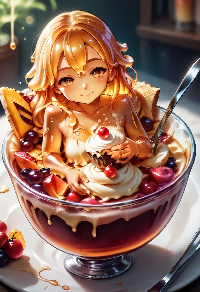 score_9, score_8_up, score_7_up, source_anime, zPDXL2, fluorescent, slime girl, orange skin, smile, looking at viewer, in food, dessert, pudding, spoon,