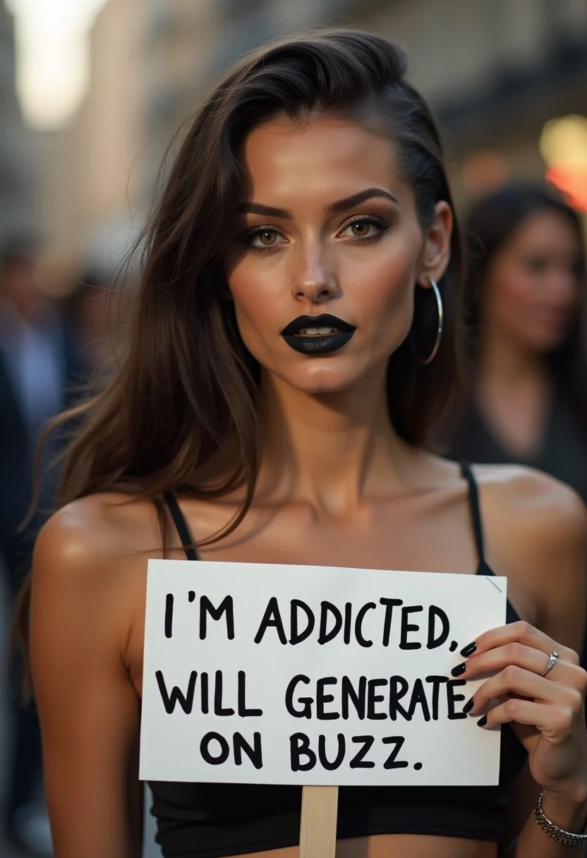 Picket Sign, tan woman in her 30s, smokey eyes makeup with black lipstick, brown eyes, she is holding a Picket sign which says: "I'm addicted, will generate for buzz.", Long dark brown hair shaved on one side with light roots, Large breasts, erotic, perfect face, perfect anatomy, cute, beautiful, perfect beauty, amazing beauty, pure genius, absolutely perfect, gentle, highly detailed, breathtaking