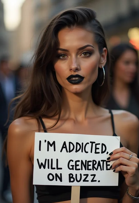 Picket Sign, tan woman in her 30s, smokey eyes makeup with black lipstick, brown eyes, she is holding a Picket sign which says: "I'm addicted, will generate for buzz.", Long dark brown hair shaved on one side with light roots, Large breasts, erotic, perfect face, perfect anatomy, cute, beautiful, perfect beauty, amazing beauty, pure genius, absolutely perfect, gentle, highly detailed, breathtaking