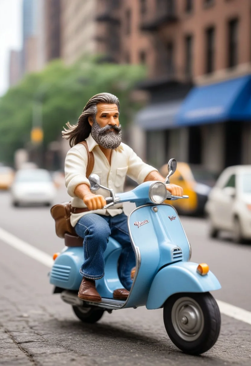 (miniature) of (man 50 year old, long hair:0.75, slin, beard , blue jeans, wihte shirt ) (on a cream color vespa), speeding, miniature, depth of field, macro photography, high detailed face, 4k, epic perspective, (big cleveage1.5), New york background