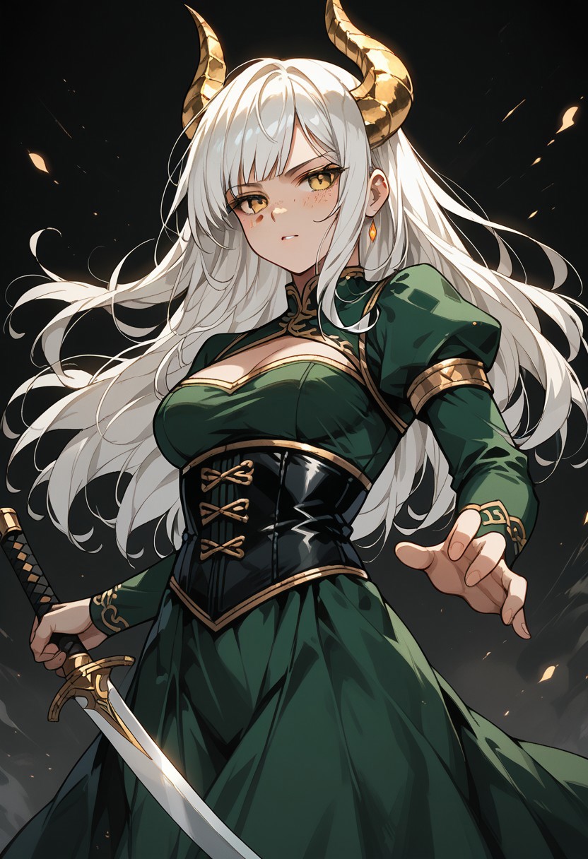 score_9, score_8_up, score_7_up, score_6_up, score_5_up, 1girl, solo, gold twisted ram's horns, freckles, white hair, long hair, long bangs, golden eyes, pale skin, green dress, medium breasts, black underbust corset, breasts cutout, medium shot, view from aside, holding weapon, blade, dynamic pose, action pose,
drknmv1