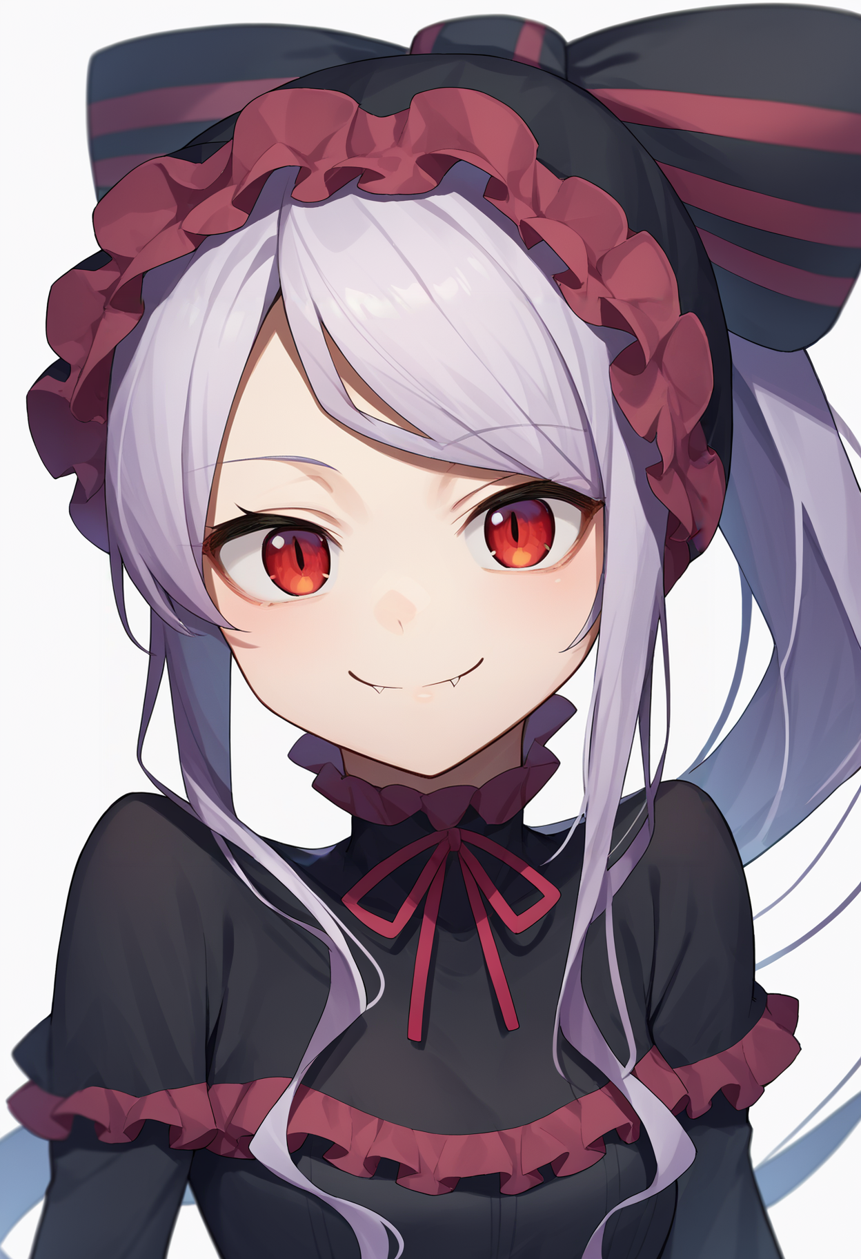 score_9, score_8_up, score_7_up, score_6_up, score_5_up, score_4_up, BREAK, source_cartoon, source_anime,
1girl, shalltear, long hair, ponytail, red eyes, bow,  black dress, frilled dress, long sleeves, fang, 
upper body, smile, looking at viewer, solo, simple background, white background     <lora:ShalltearXL:1>
