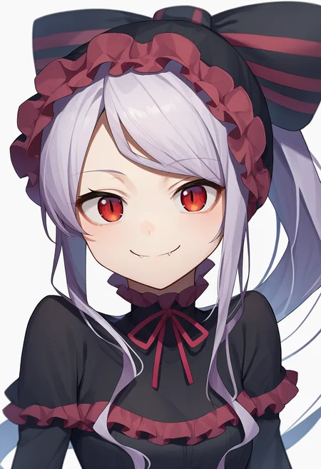 score_9, score_8_up, score_7_up, score_6_up, score_5_up, score_4_up, BREAK, source_cartoon, source_anime,
1girl, shalltear, long hair, ponytail, red eyes, bow, black dress, frilled dress, long sleeves, fang,
upper body, smile, looking at viewer, solo, simple background, white background <lora:ShalltearXL:1>