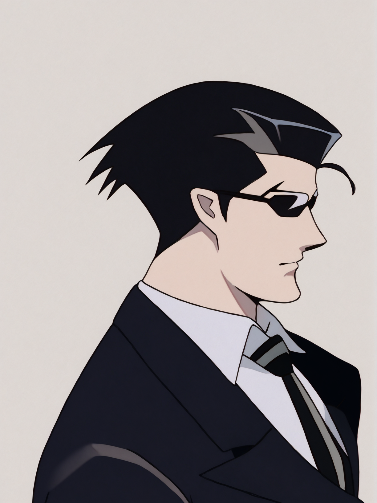 source_anime, score_9, score_8_up, score_7_up, 8k, absurd res, solo, <lora:BigO_PDXLv1 Roger-000035:1> black hair, long sleeves, necktie, black gloves, collared shirt, black jacket, simple background, sunglasses,