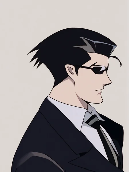 source_anime, score_9, score_8_up, score_7_up, 8k, absurd res, solo, <lora:BigO_PDXLv1 Roger-000035:1> black hair, long sleeves, necktie, black gloves, collared shirt, black jacket, simple background, sunglasses,