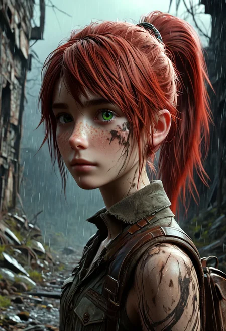 score_9, score_8_up, score_7_up,  1woman,  Masterpiece, 4k, ultra high detail, 21yo, small_breast_size, long red ponytail hair, fcNeg, stunning green eyes, freckles, white skin, small nose, innocent beauty, slim cute face,  skinny body, red hair, 
Alerted look, dry tears, dirty clothes, dirty face, 
 particles, lightbrown_full_body_wild_native_leather_suit, 
Dark sky with stormclouds, ash, raining Ash like dark snow, ruins, wasteland, cityruins, wasteland_tribal_native_clothes,
End of the World, 
negative_hand, NightScapes, ng_deepnegative_v1_75t,