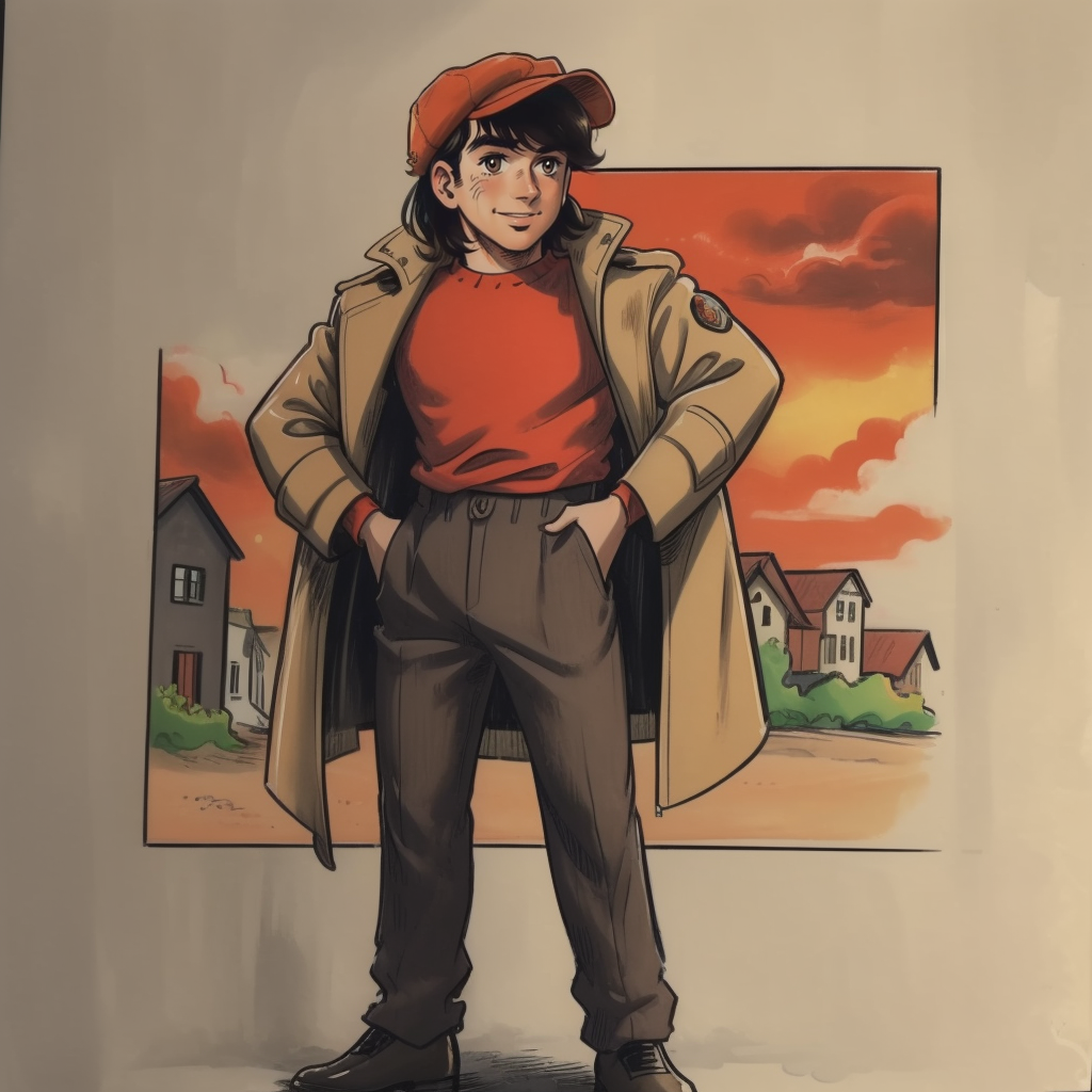 (masterpiece, best quality:1.3), 1boy, solo, looking at viewer, closed mouth, smile, Yabuki Joe, black hair, orange shirt, bangs, brown eyes, hat, orange hat, jacket, popped collar, open clothes, cap, trench coat  cowboy shot, full body, town, <lora:Yabuki Joe:.7>