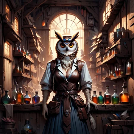 score_9, score_8_up, score_7_up, Owlfolk, feminine owl alchemist, building a clock work robot, in a curio shop, long copper colored feather, tinker-alchemist preparing potions and gadgets, goggles on head, (Alchemy and Tinker shop, blueprints on walls, tools, potions, bottles, workbench, wooden walls, wood furniture, schematics on wall, blueprints on wall, Interior:1.1)
(Cleavage:1.2), skirt, leather belt, Brown Backpack, too many pouches,
