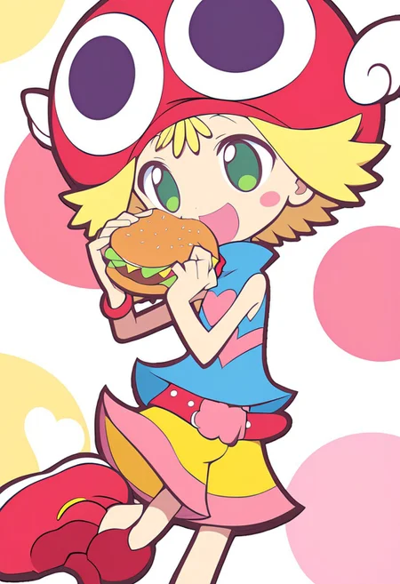 <lora:sdxl-py-amitie:0.9> 1girl, amitie, green eyes, blonde hair, short hair, bracelet +++ red hat with big eyes and wing, skyblue shirt sleeveless, red belt, red shoes, yellow shorts, pink heart+++ blush sticker, extremely quality extremely detailed, illustration, anime coloring, eating a burger, table, shirt lifting, navel, open mouth, smiles