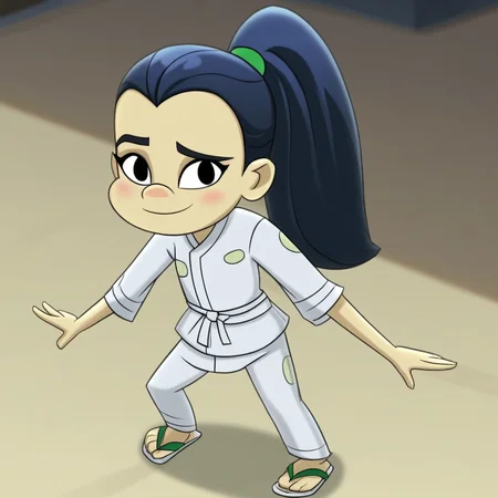 in a bedroom, smile, Lexi_GT, standing, white karate belt, sandals, dark blue hair, green hair band, ponytail, expressive eyes, Score_9, 1girl, black eyes, black eyebrows, full body, solo, Blushing