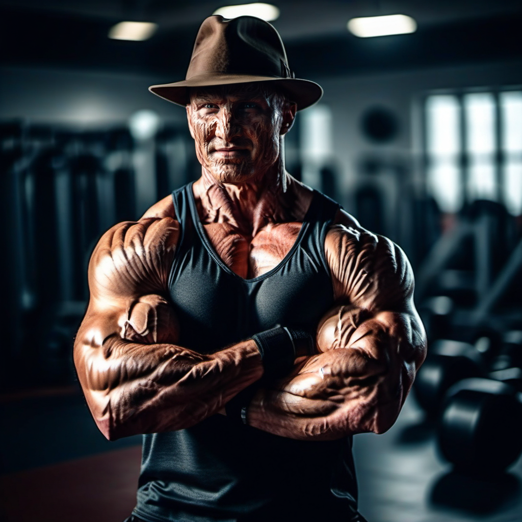 cinematic photo a muscular man with a hat trains in a gym<lora:FreddyKrueger1024:0.8> . 35mm photograph, film, bokeh, professional, 4k, highly detailed